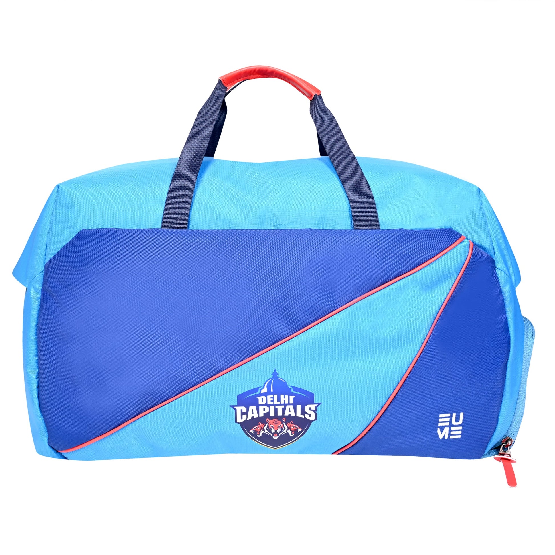 EUME Delhi Capitals Duffle Bag with Shoe Compartment in blue and red.