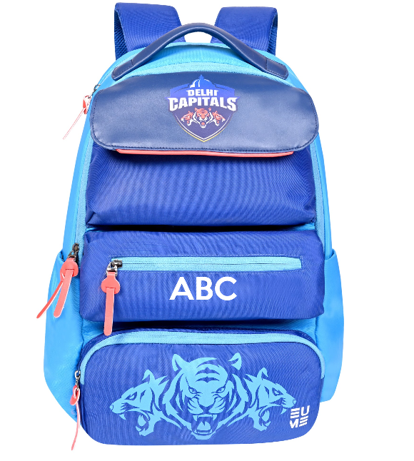 EUME Delhi Capitals blue laptop backpack for students and professionals.