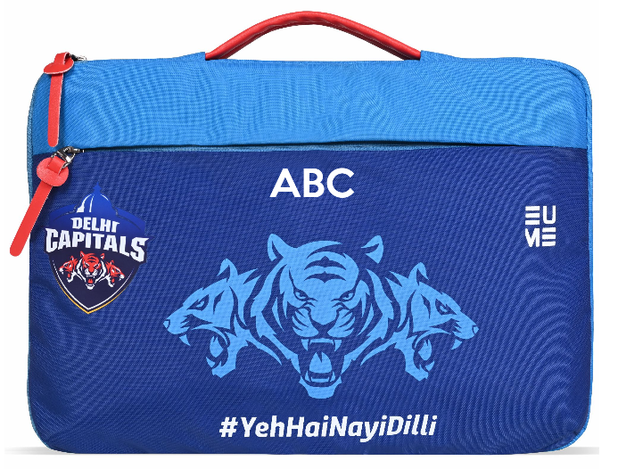 EUME Delhi Capitals 15.6 Inch Laptop Sleeve with vibrant blue design.