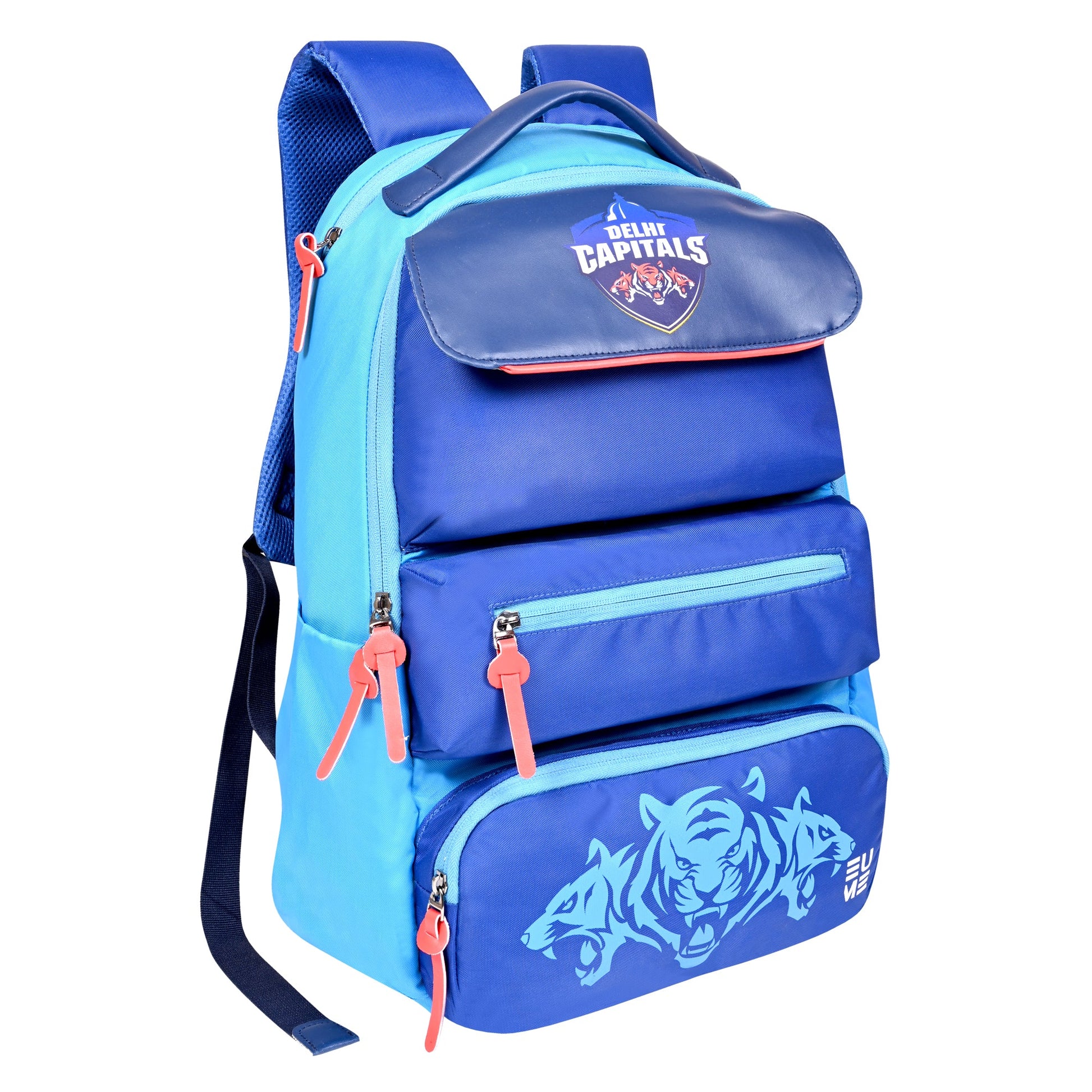 EUME Delhi Capitals 29 Ltrs Laptop Backpack in blue and teal design.