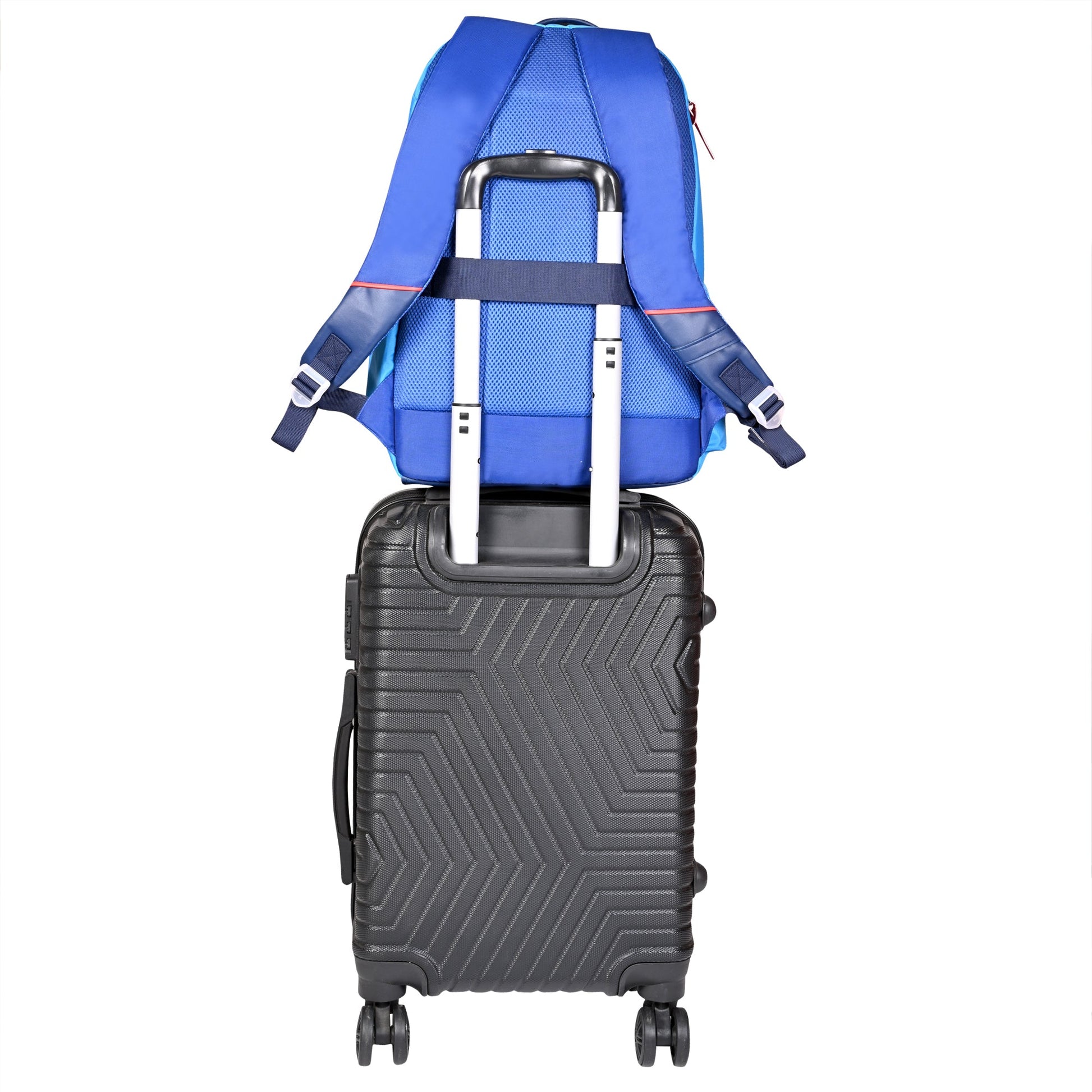 EUME Delhi Capitals 29 Ltrs Laptop Backpack on suitcase with wheels.