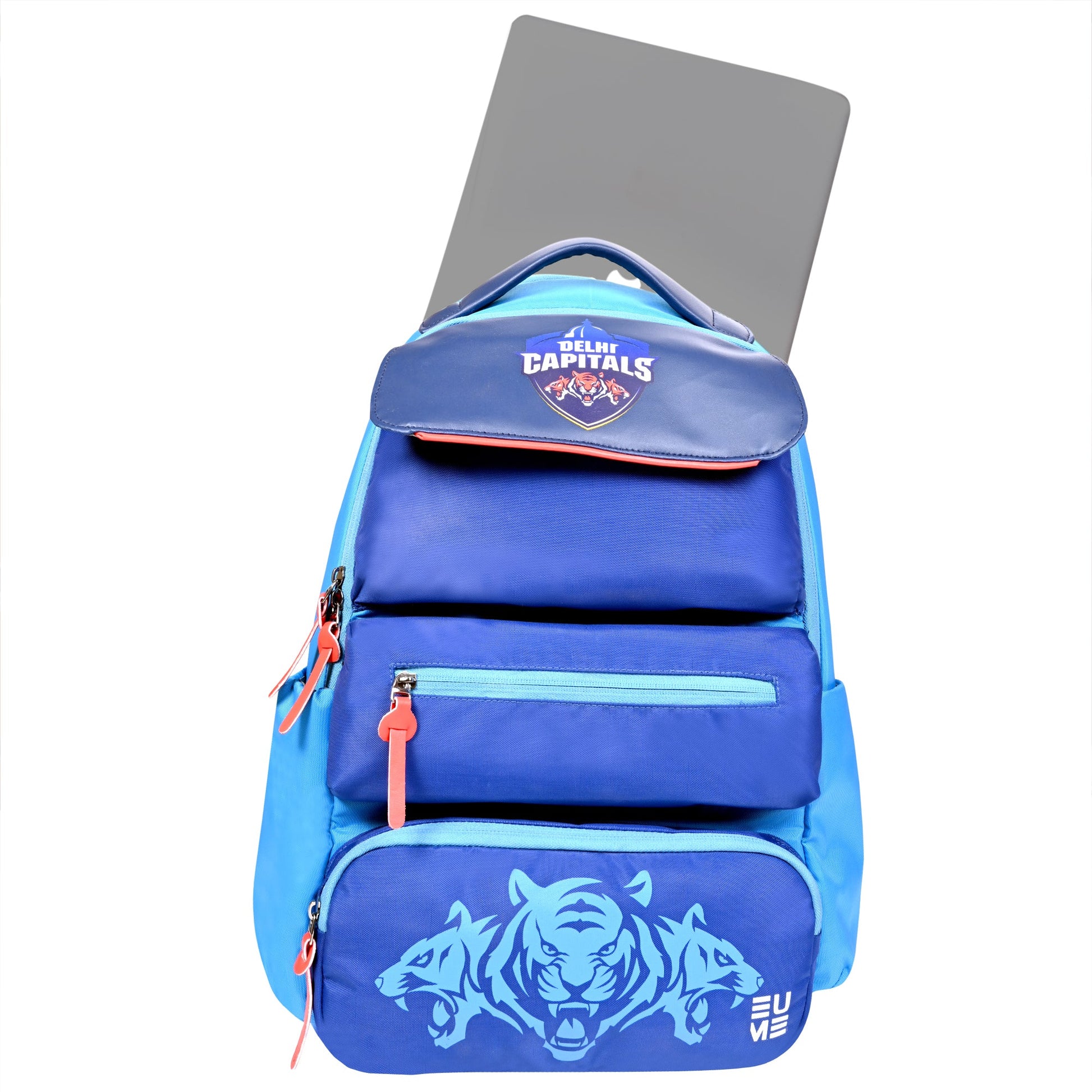 EUME Delhi Capitals 29L laptop backpack in blue and orange.