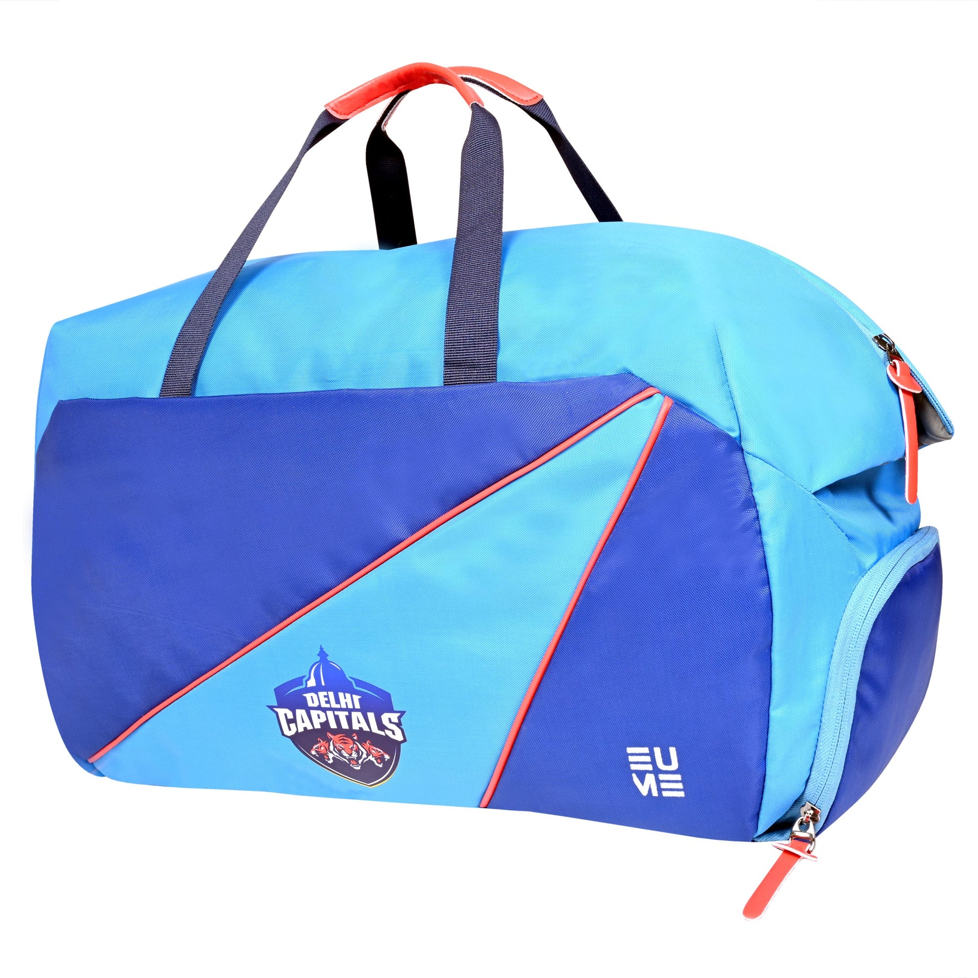 EUME Delhi Capitals duffle bag with shoe compartment in blue and orange.