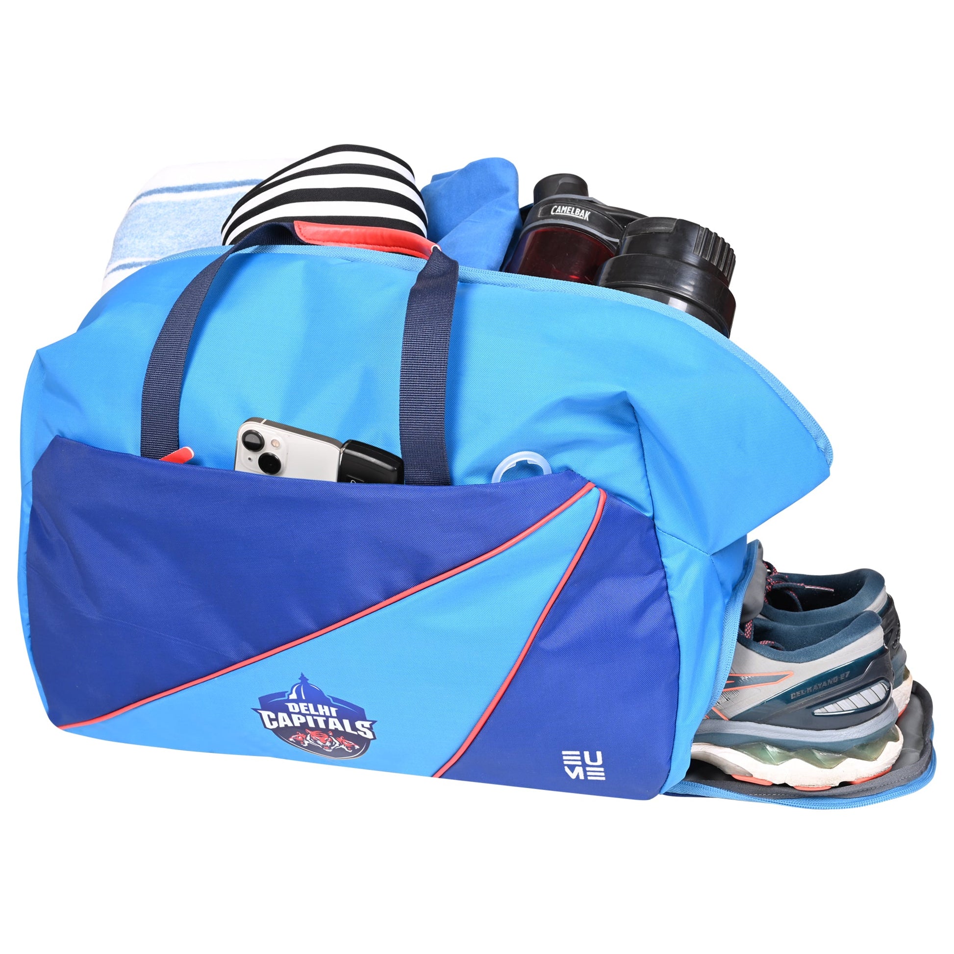 EUME Delhi Capitals 33L duffle bag with shoe compartment and accessories.