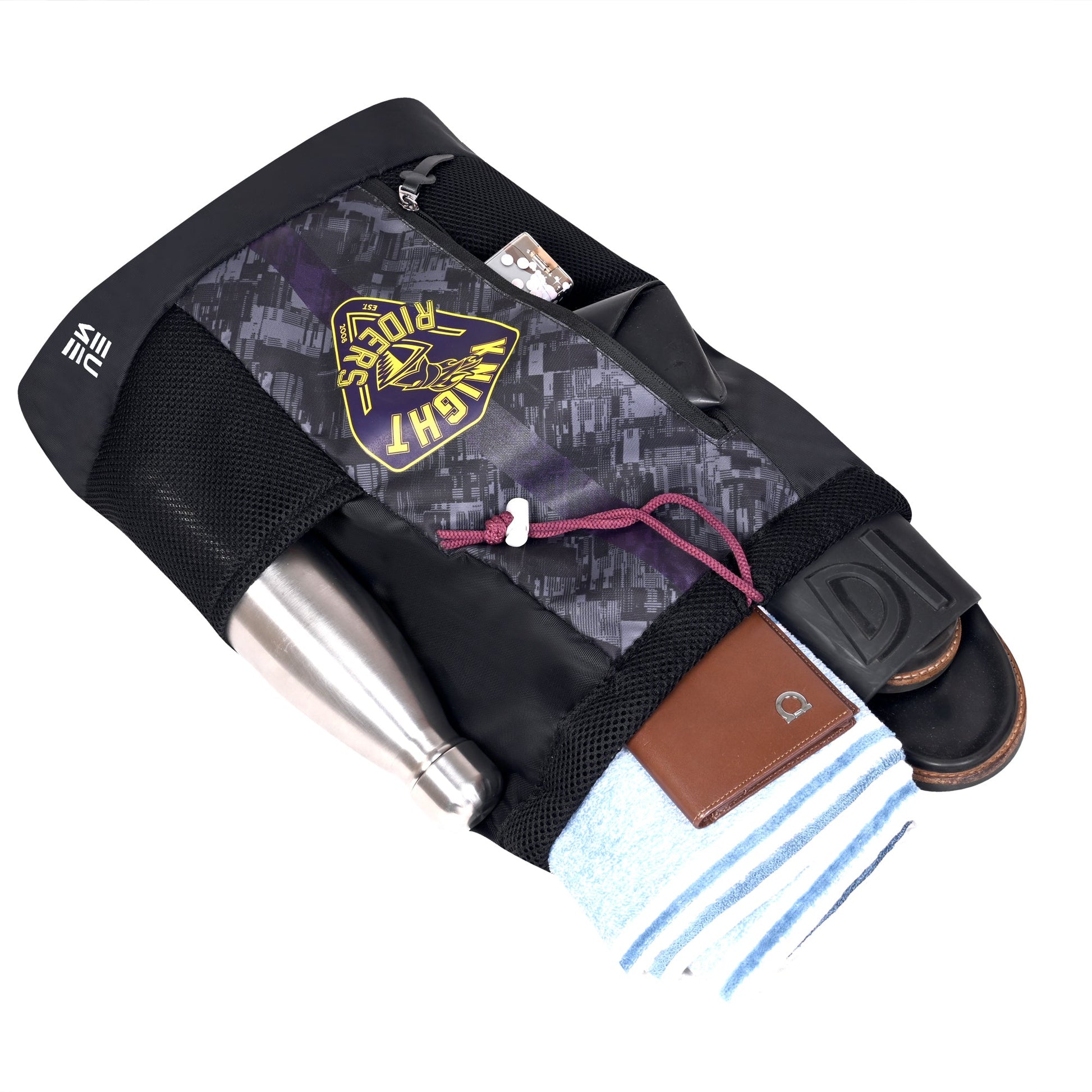 EUME Kolkata Knight Riders drawstring backpack with water bottle and accessories.