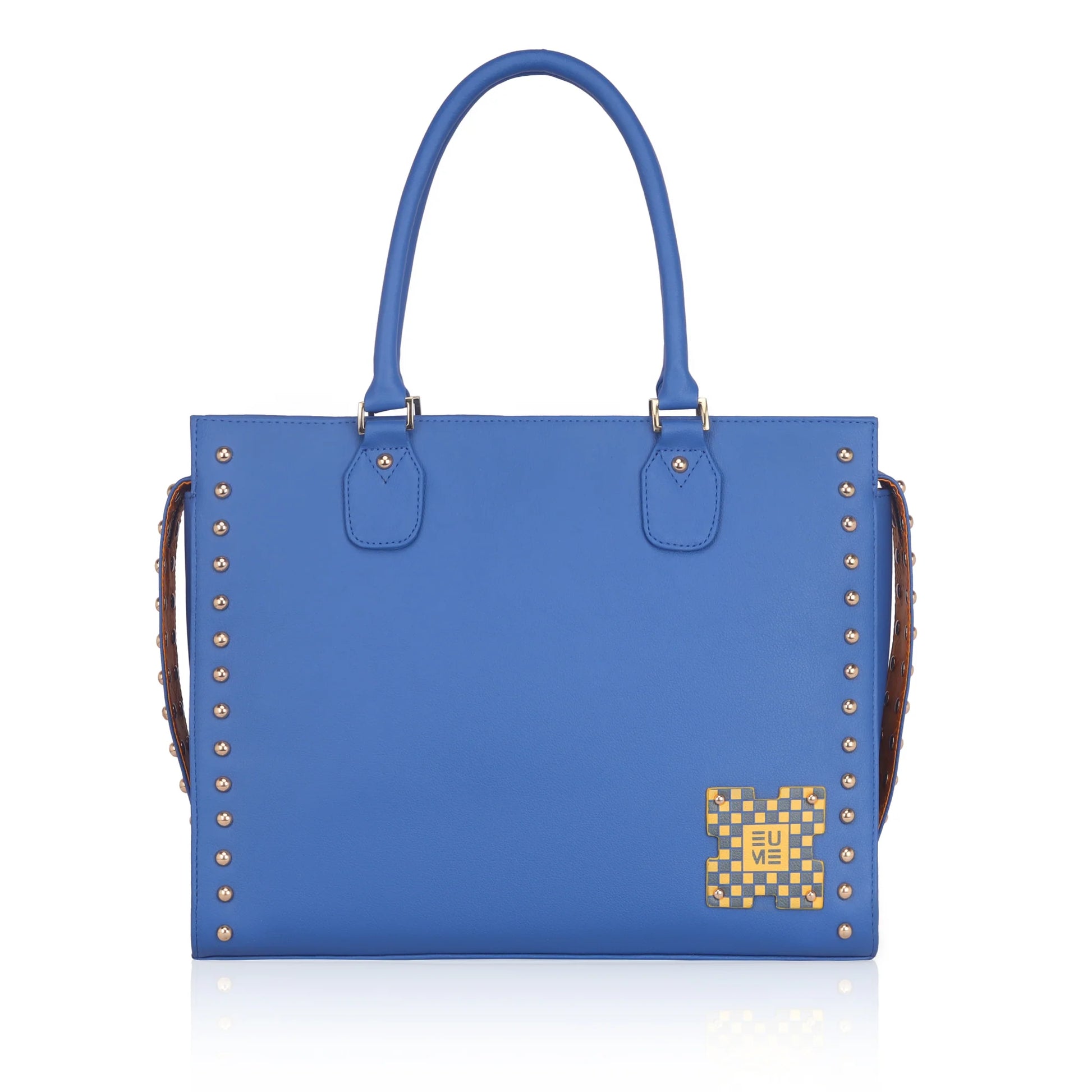 Daffodil Satchel laptop handbag in vibrant blue with studded design.