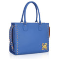 Daffodil Satchel Laptop Handbag in vibrant blue with studded accents.