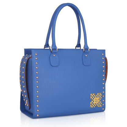 Daffodil Satchel Laptop Handbag in vibrant blue with studded accents.