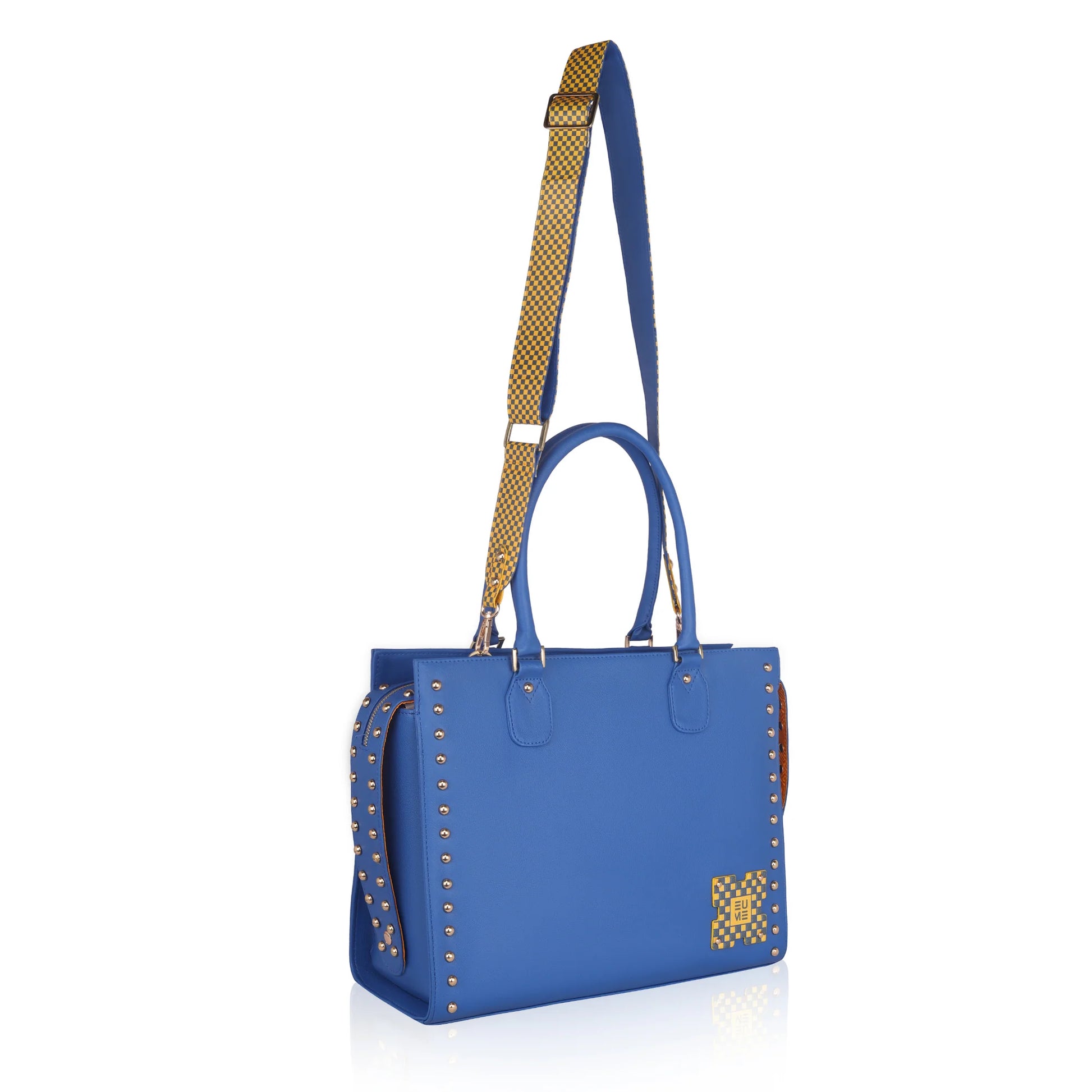 Daffodil Satchel Laptop Handbag in vibrant blue with studded design.