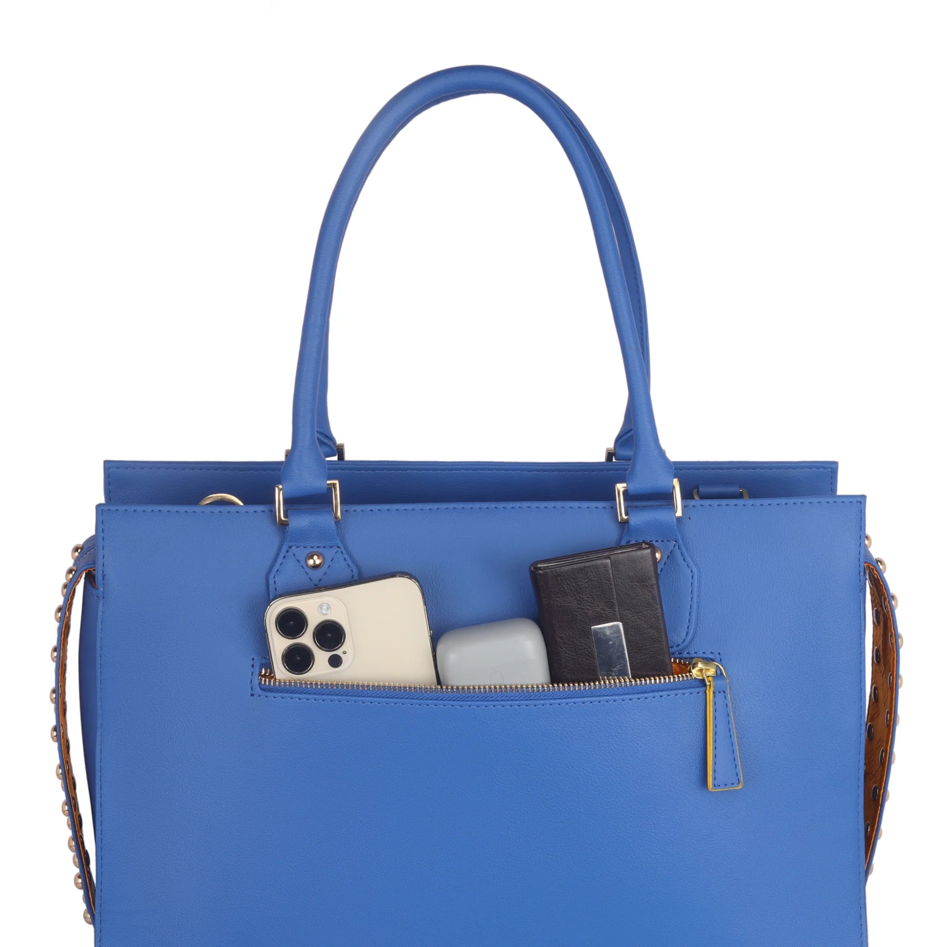 Daffodil Satchel Laptop Handbag in blue with pockets for phone and wallet.