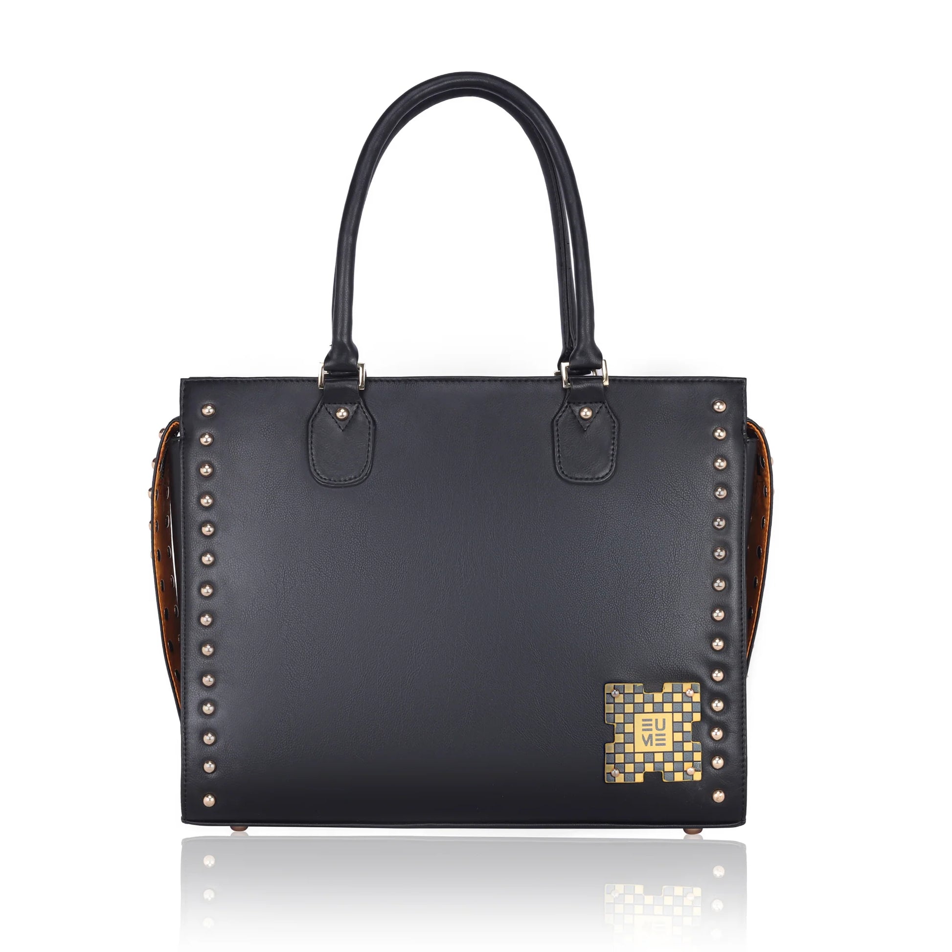 Daffodil Satchel Laptop Handbag with studded accents and dual handles.