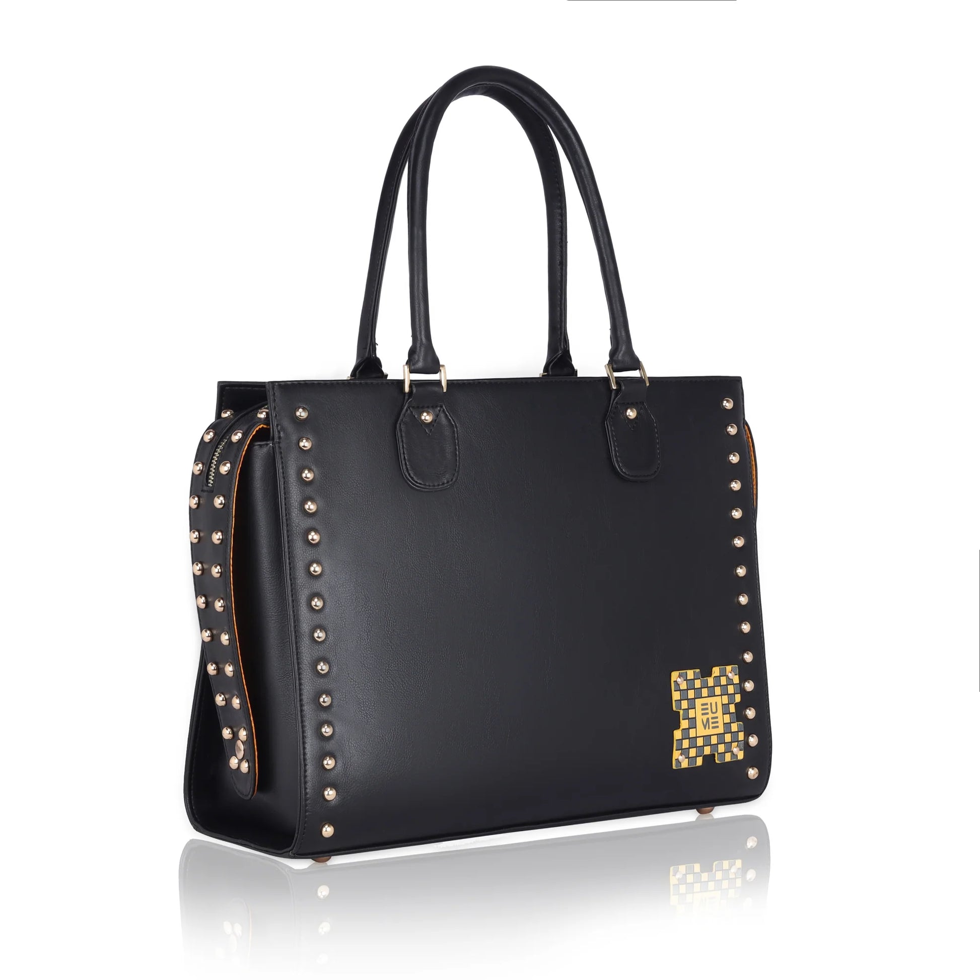 Daffodil Satchel Laptop Handbag with studded design and elegant black leather.