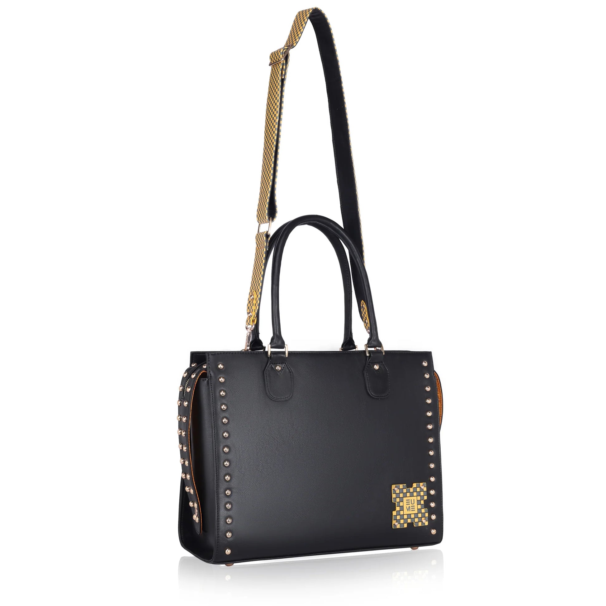 Daffodil Satchel Laptop Handbag with stylish studs and detachable strap.