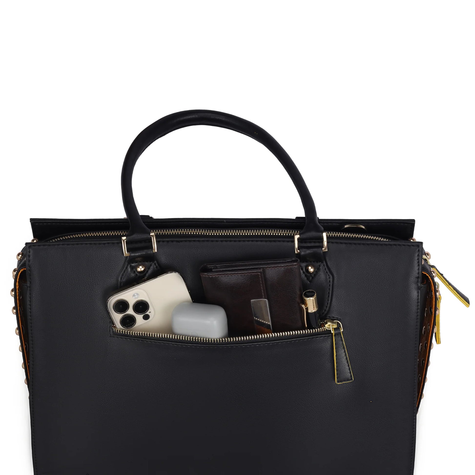 Daffodil Satchel Laptop Handbag with phone and wallet inside pocket.