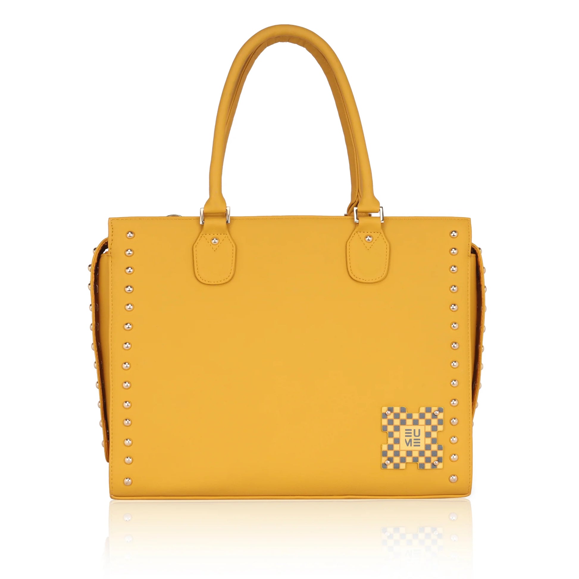 Daffodil satchel laptop handbag in vibrant yellow with studded details.