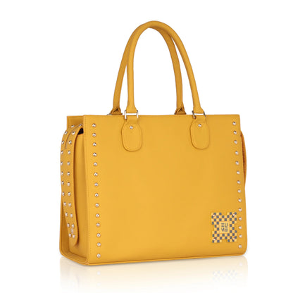 Daffodil Satchel Laptop Handbag in vibrant yellow with studded detailing.