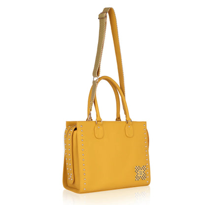 Daffodil Satchel Laptop Handbag in vibrant yellow with studded design.