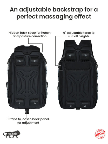 Adjustable massaging backpack for posture correction and comfort.