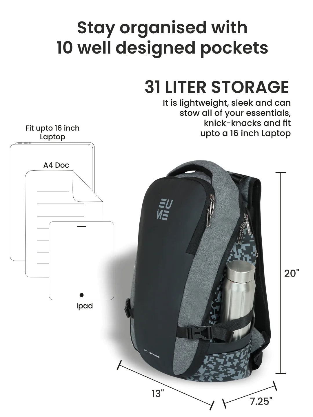 Ease 31L Massager Backpack with 10 organized pockets for essentials.