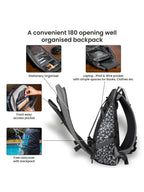Ease 31L Massager Backpack with organized compartments and rain cover.