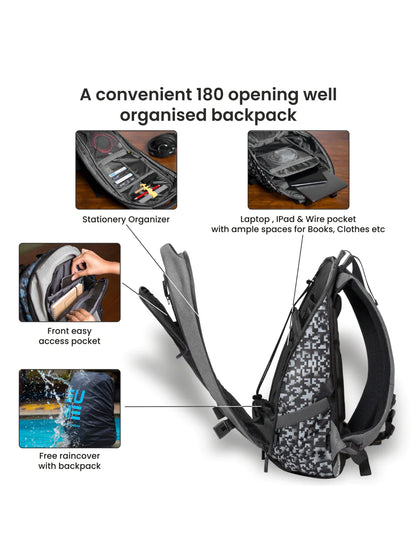 Ease 31L Massager Backpack with organized compartments and rain cover.