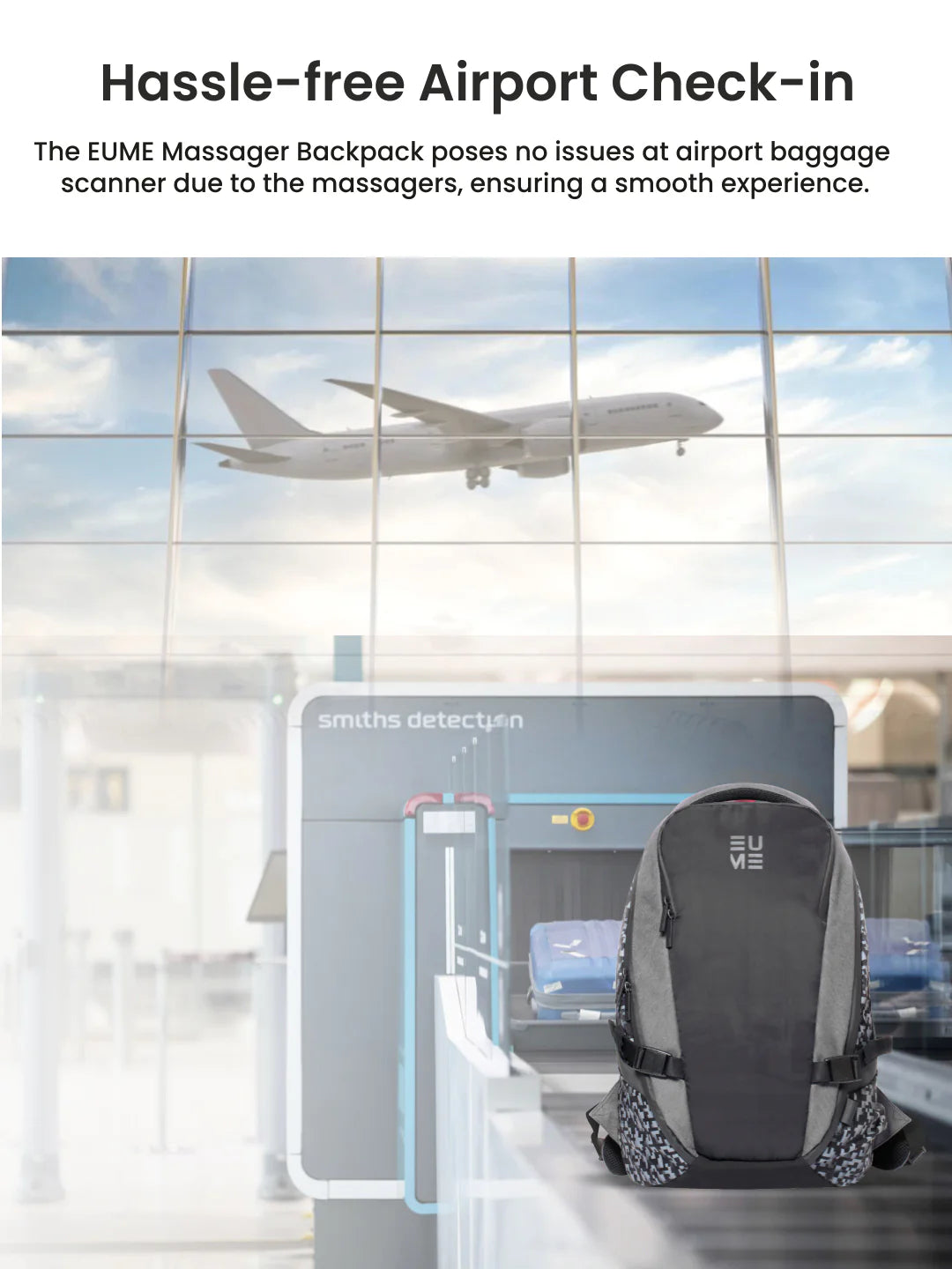 Ease 31L Massager Backpack at airport security scanner for hassle-free travel.