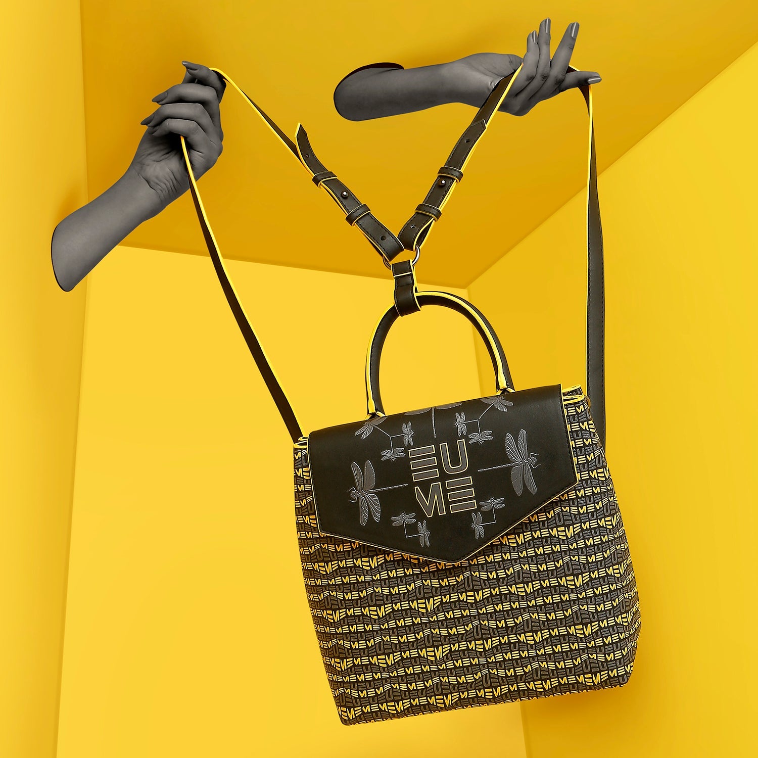 Petal-tail Sling Handbag/Backpack in stylish yellow and black design.