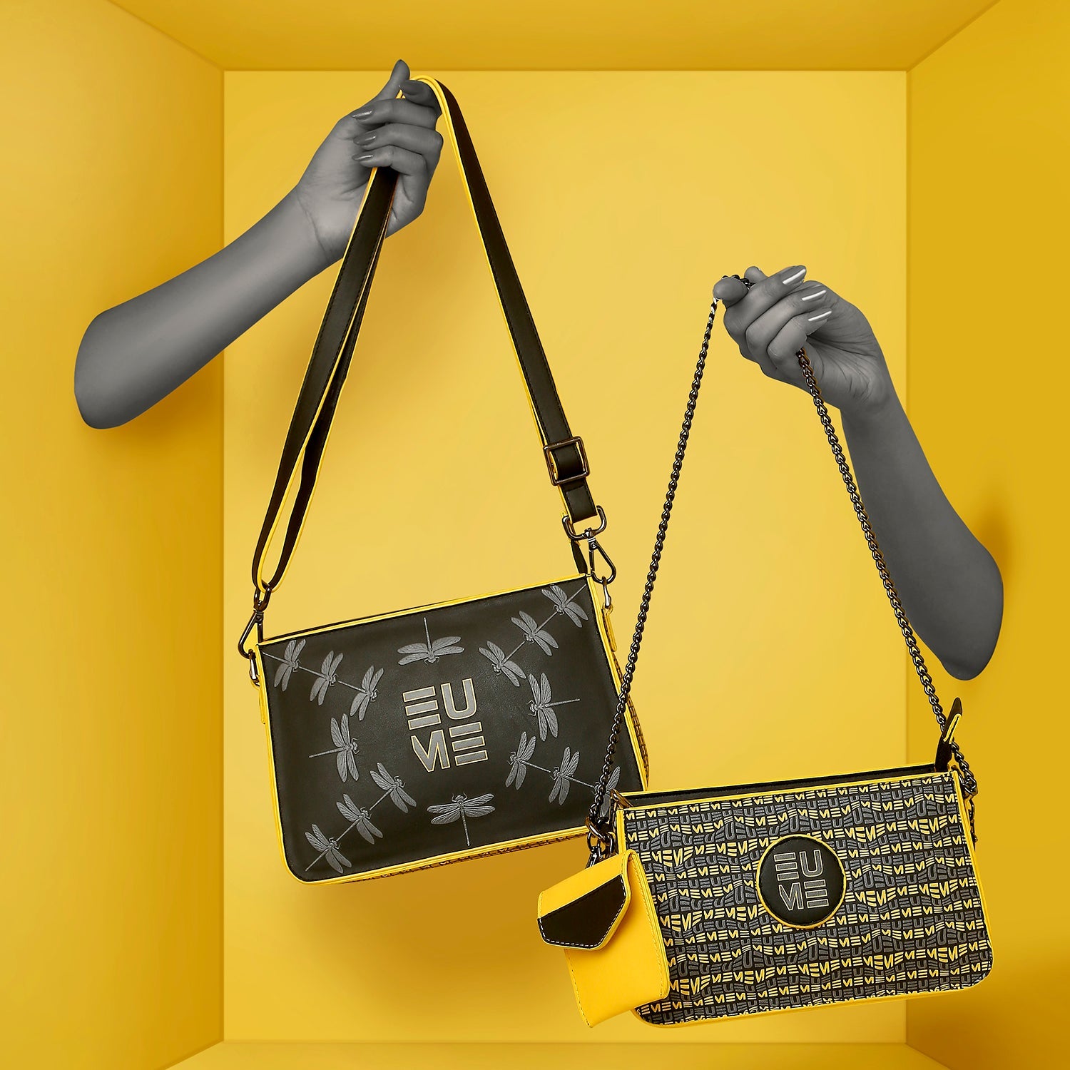 Damsel Saddle 2-in-1 detachable handbag in stylish yellow and gray design.