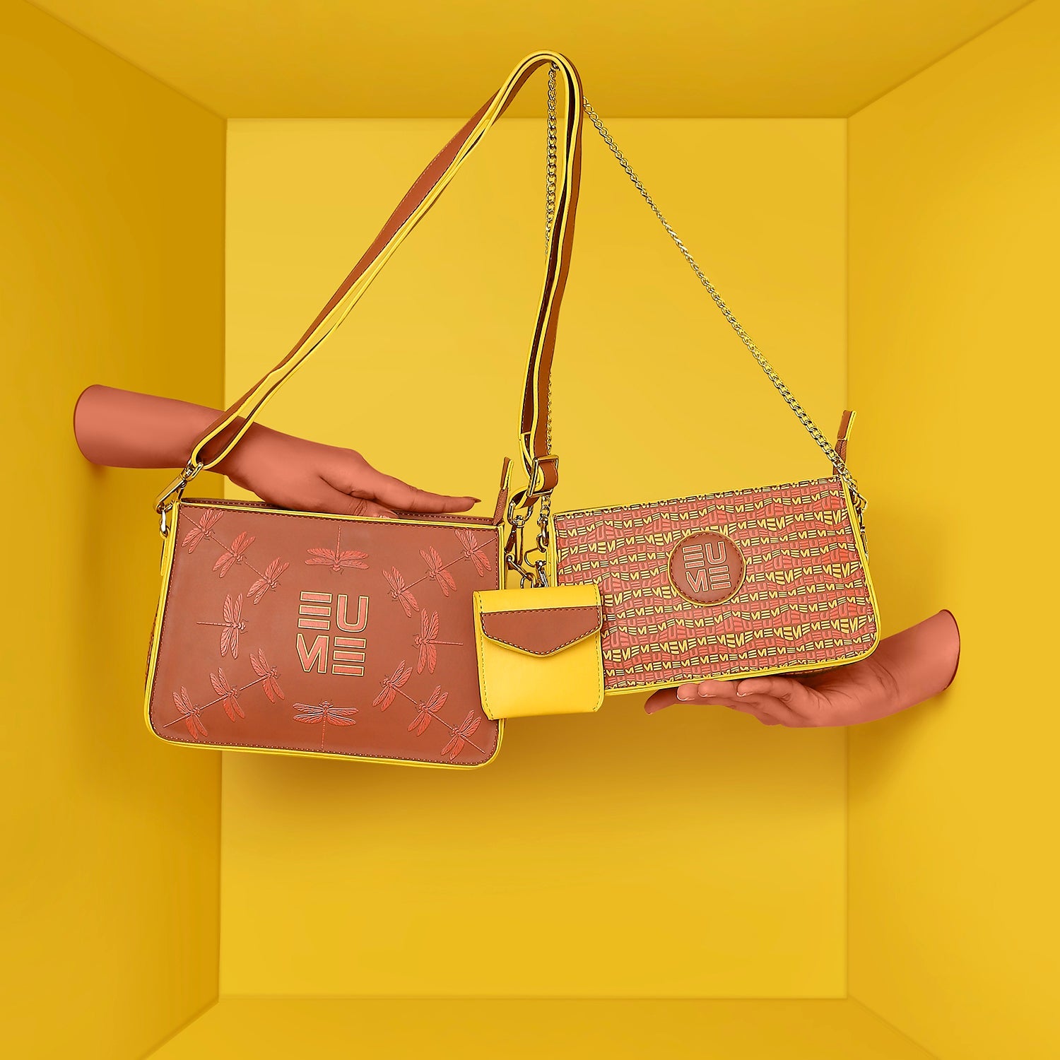 Damsel Saddle 2-in-1 detachable handbag in vibrant yellow and brown colors.