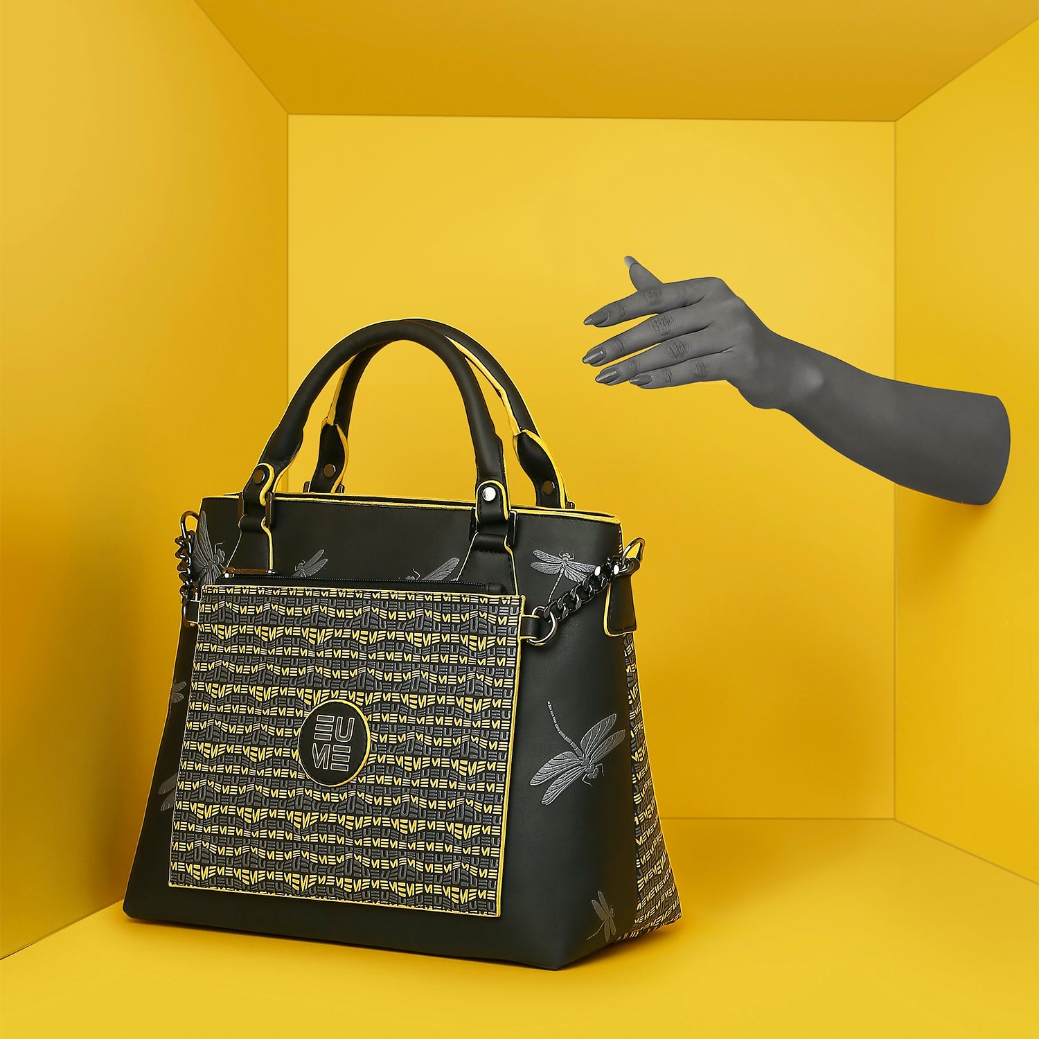 Skimmer Tote Handbag showcasing stylish design against yellow background.