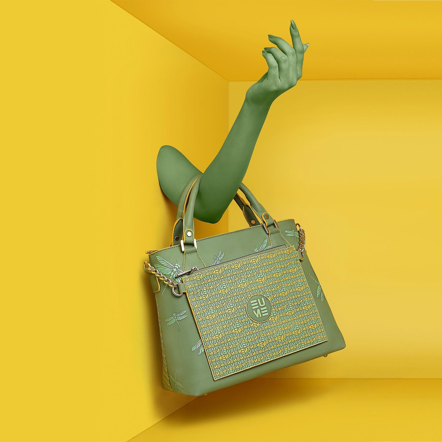 Stylish Skimmer Tote Handbag with unique design on vibrant yellow background.