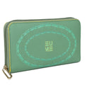 EUME Bandwing Clutch in green with dragonfly design and zipper.