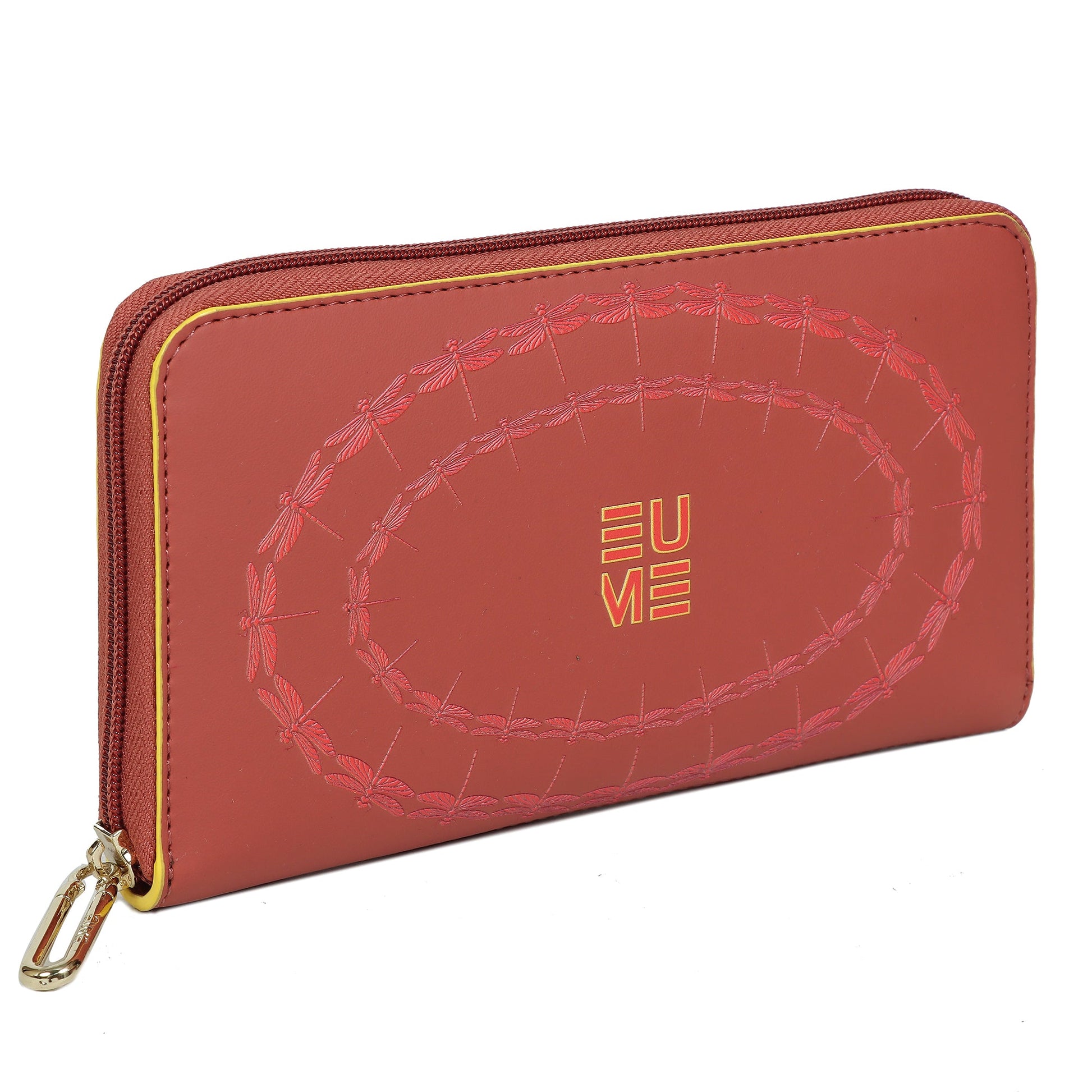 EUME Bandwing Clutch wallet in red with dragonfly design.