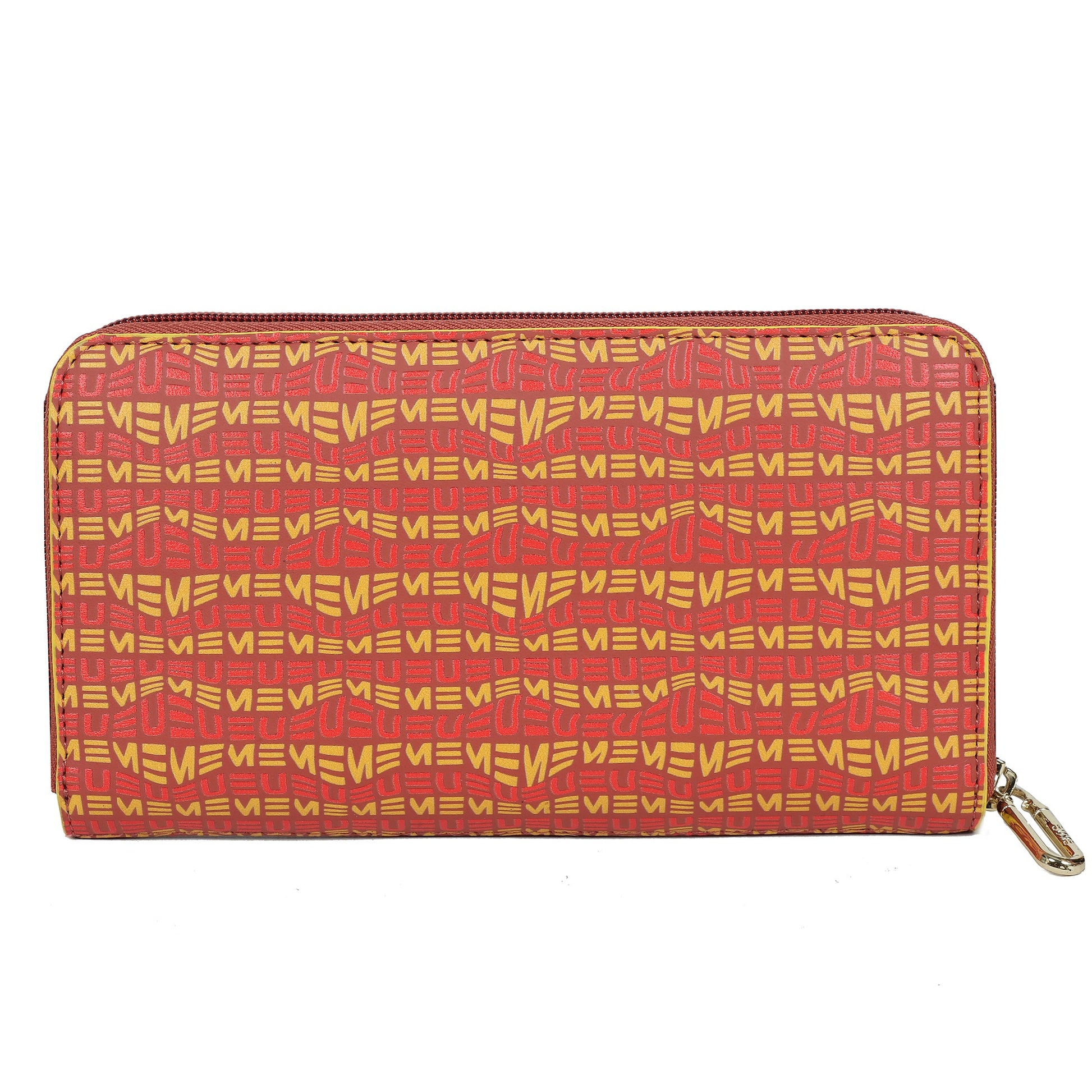 EUME Bandwing Clutch with vibrant red and yellow patterned design.