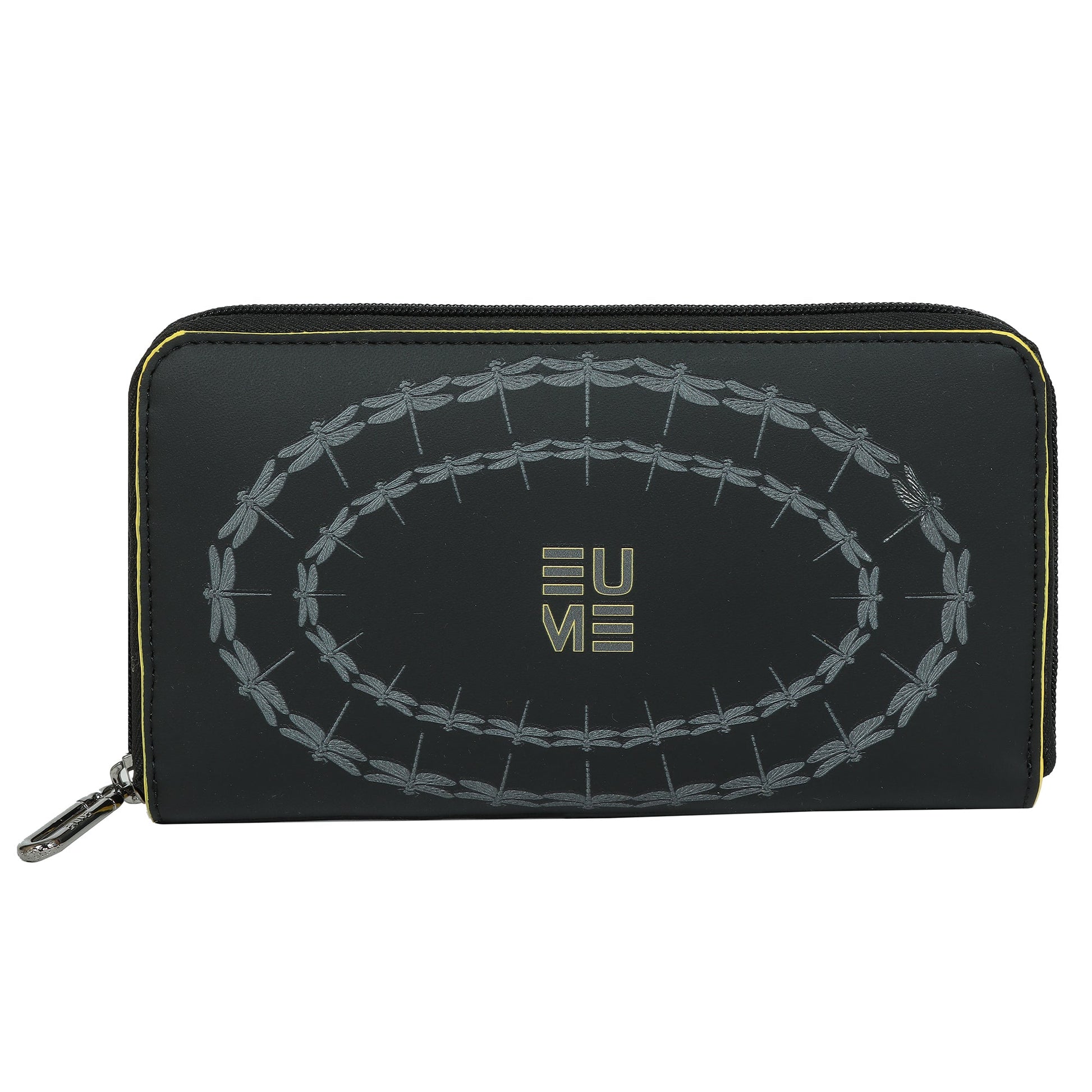 EUME Bandwing Clutch with dragonfly design and zipper closure.