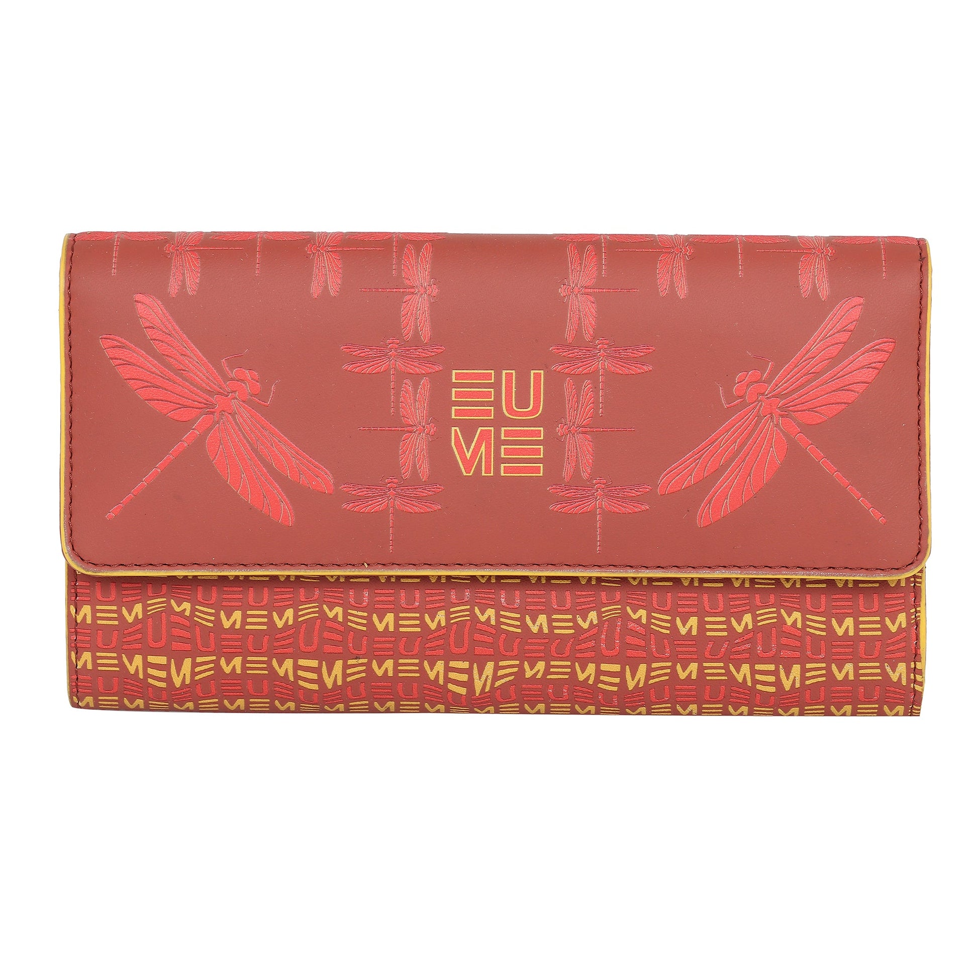 EUME Firefly Clutch featuring dragonfly design in red and gold.