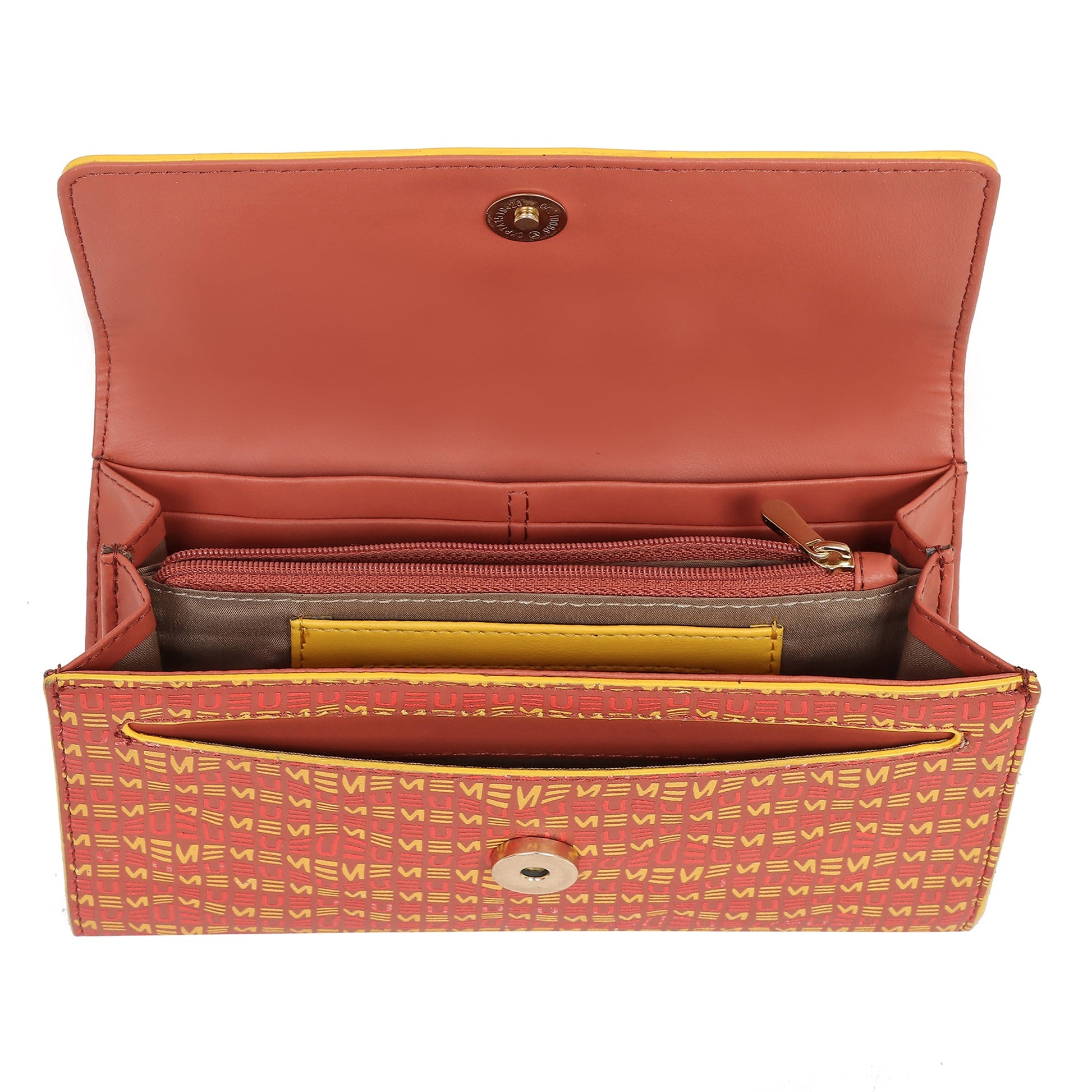 EUME Firefly Clutch interior showing card slots and zippered compartments.