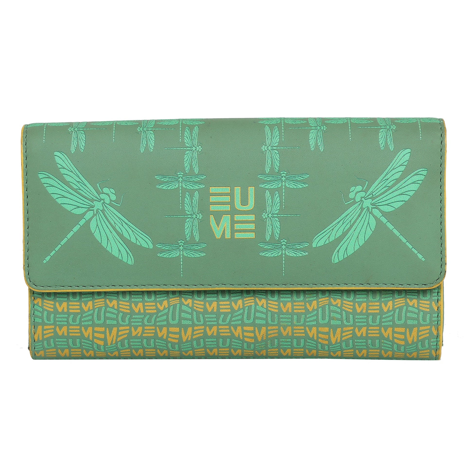 EUME Firefly Clutch with dragonfly design in green and yellow.