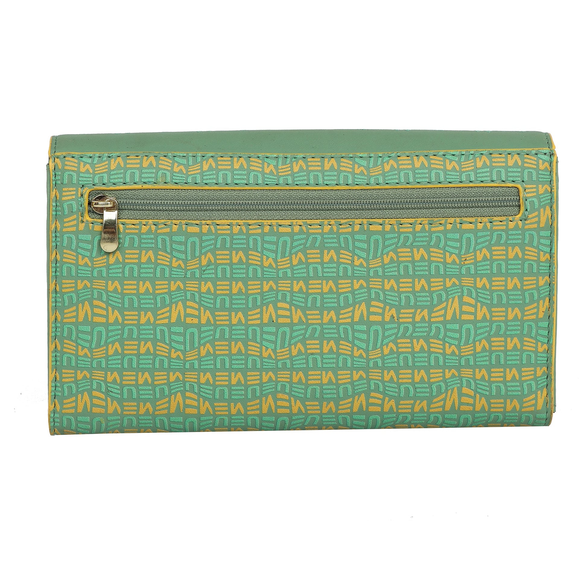 EUME Firefly Clutch with unique geometric pattern and zip closure.