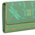 EUME Firefly Clutch in green with dragonfly patterns and branding.