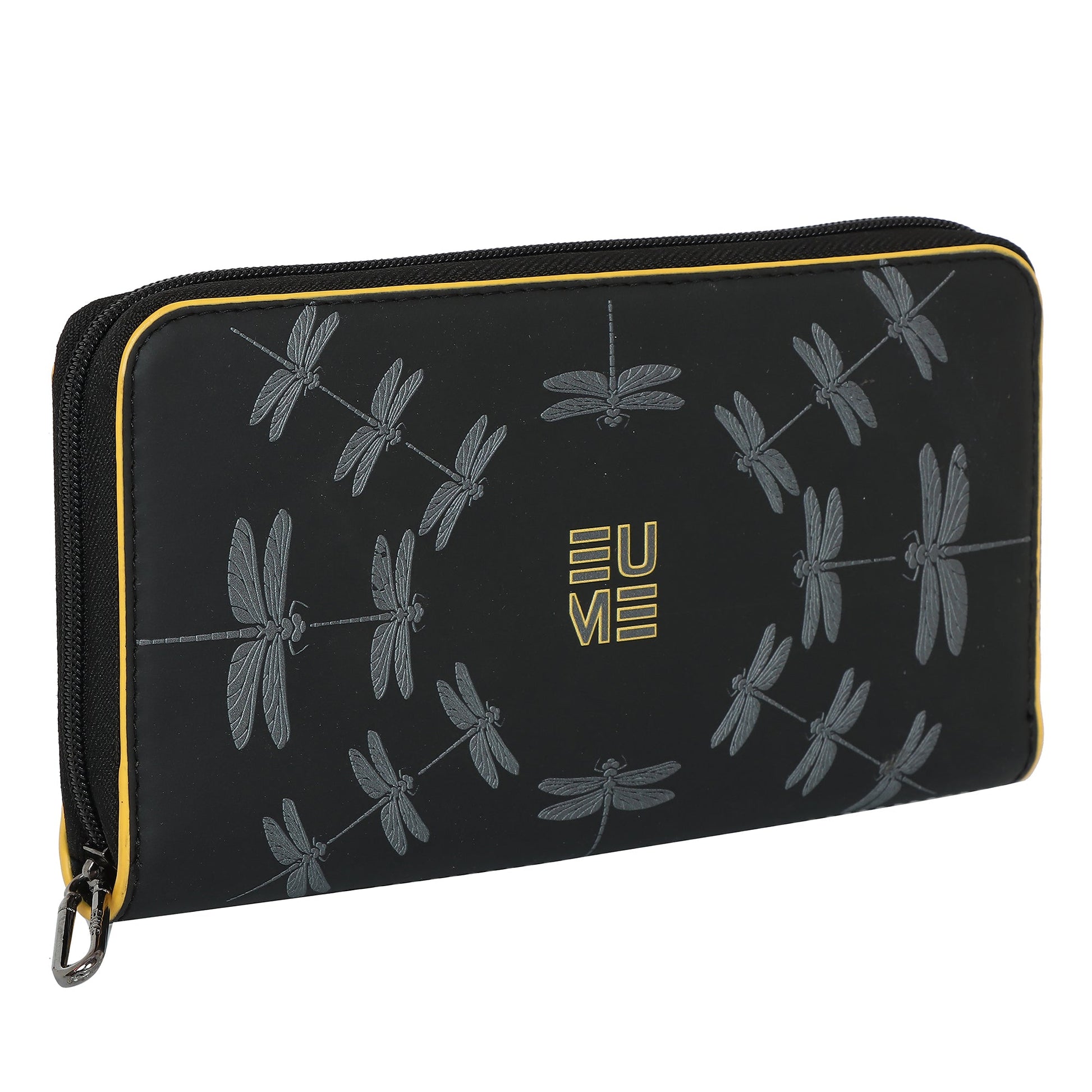 EUME Shaffronwing Clutch with dragonfly pattern and zipper design.