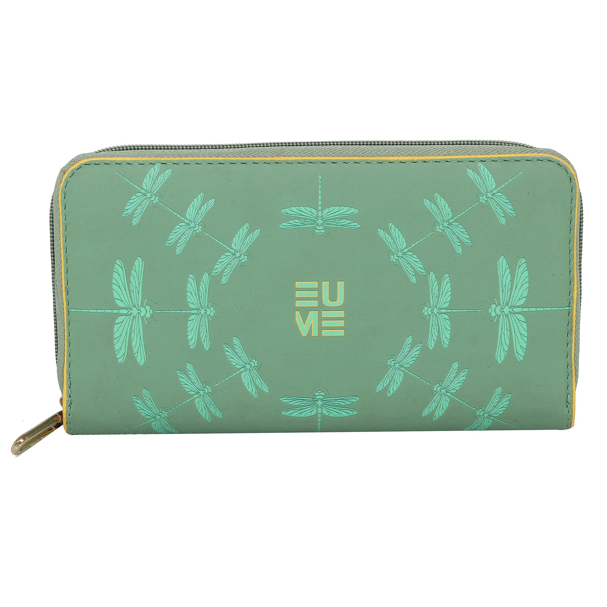 EUME Shaffronwing Clutch with dragonfly design in mint green.