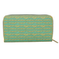 EUME Shaffronwing Clutch in turquoise and yellow geometric print.