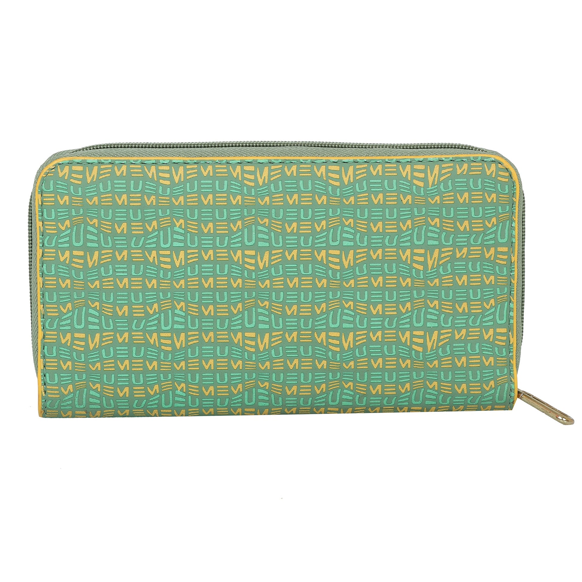 EUME Shaffronwing Clutch in turquoise and yellow geometric print.