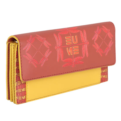 EUME Ladybug Clutch in red and yellow leather design.