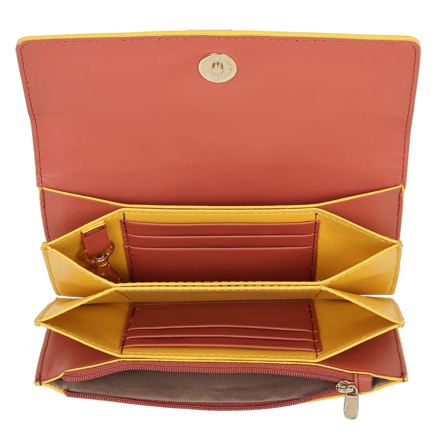 Interior view of EUME Ladybug Clutch with card slots and compartments.