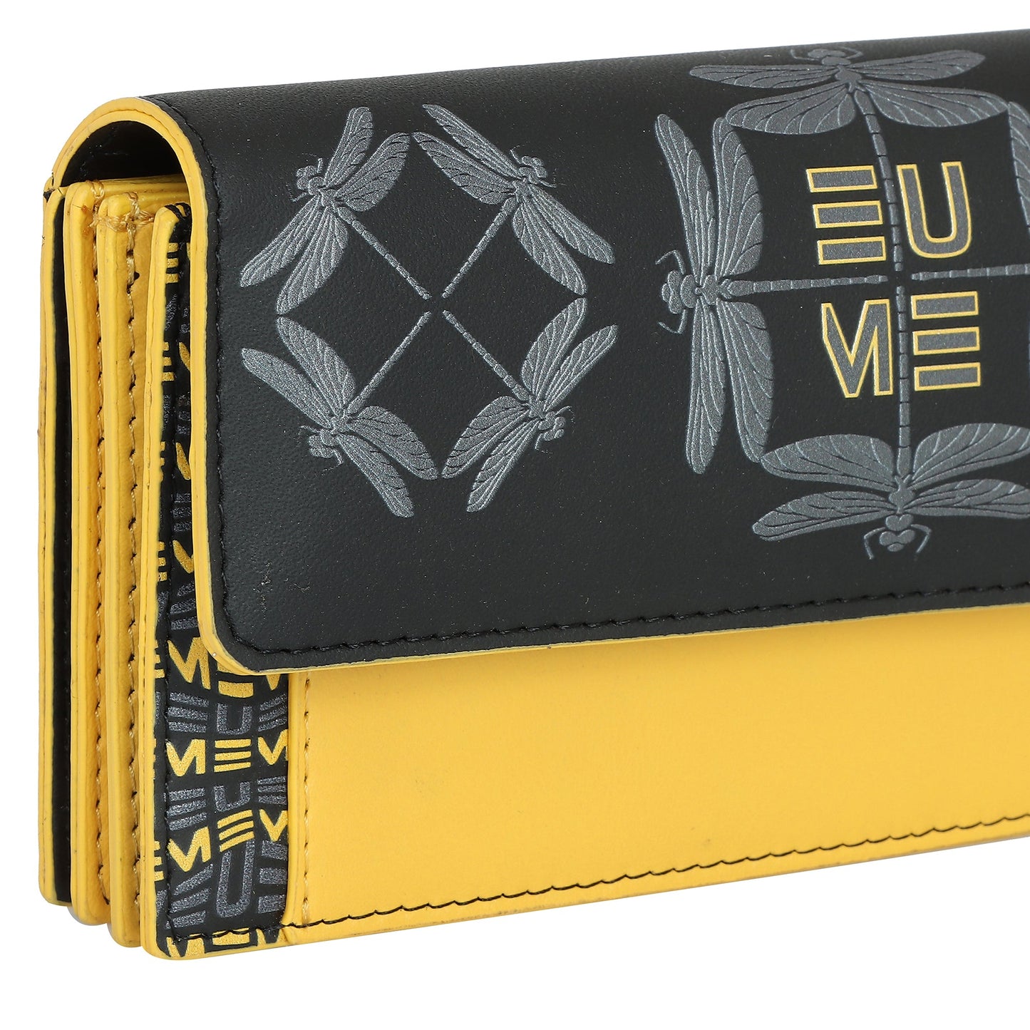 EUME Ladybug Clutch in black and yellow with dragonfly design.