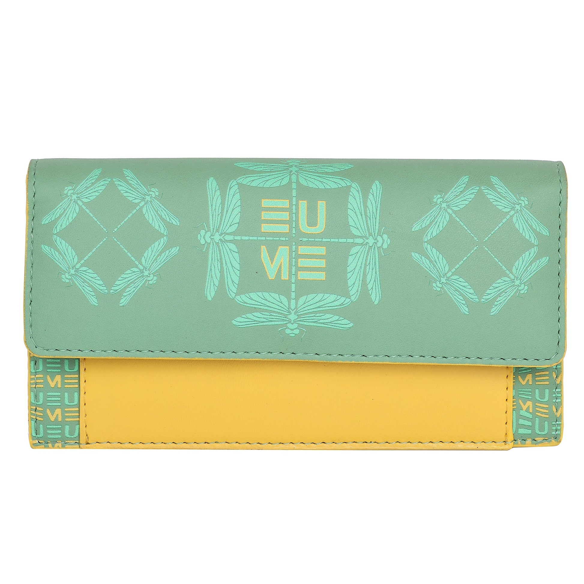 EUME Ladybug Clutch in green and yellow with detailed design.