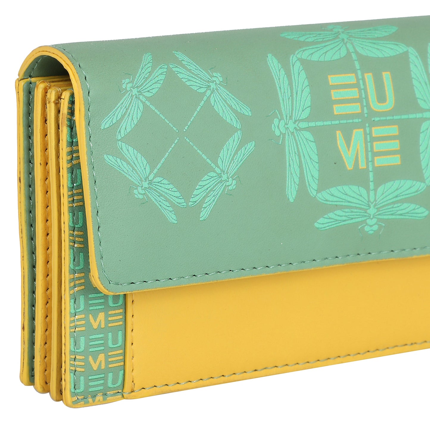 EUME Ladybug Clutch in green and yellow with dragonfly design.