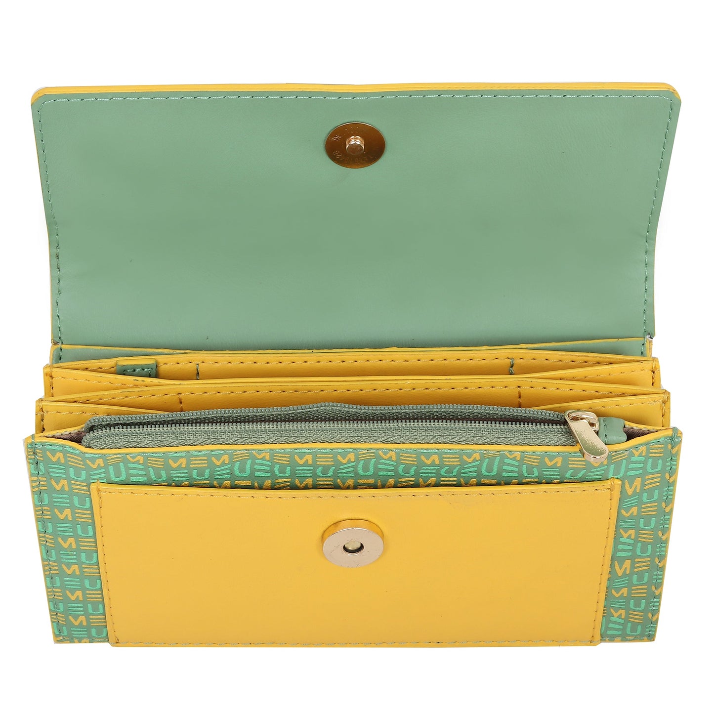 EUME Ladybug Clutch: stylish yellow and green wallet with multiple compartments.